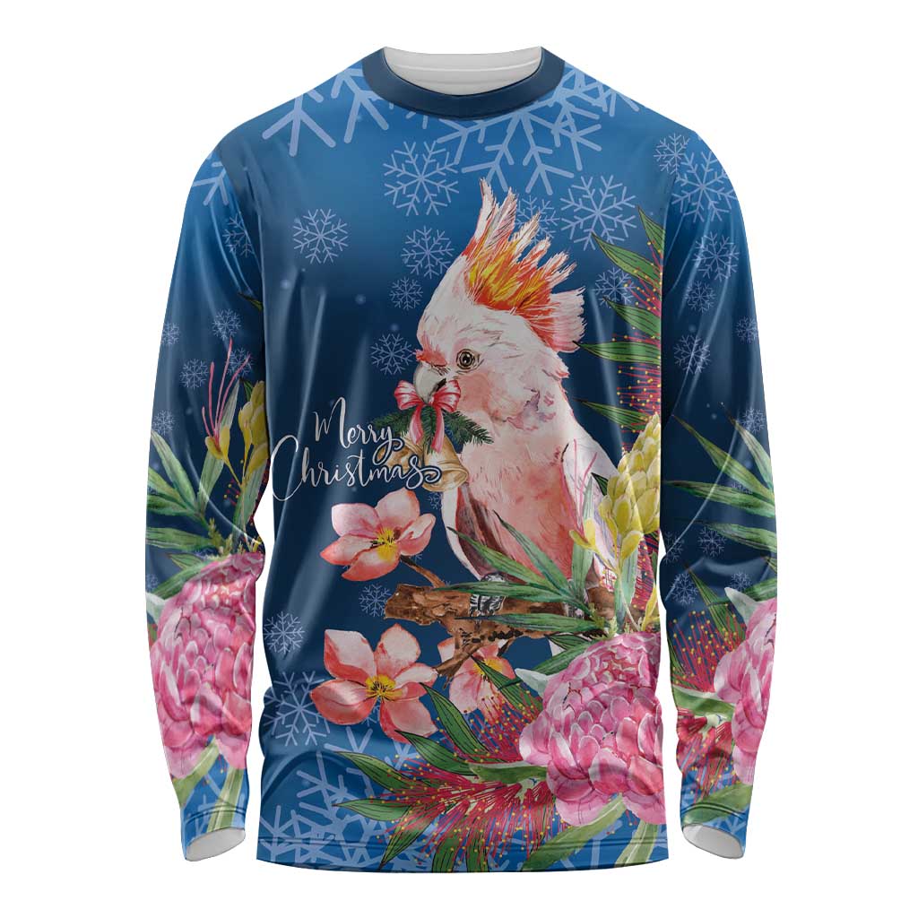 Australia Christmas Pink Cockatoo with Banksia Long Sleeve Shirt Snowy Blue - Aussie Hoodie