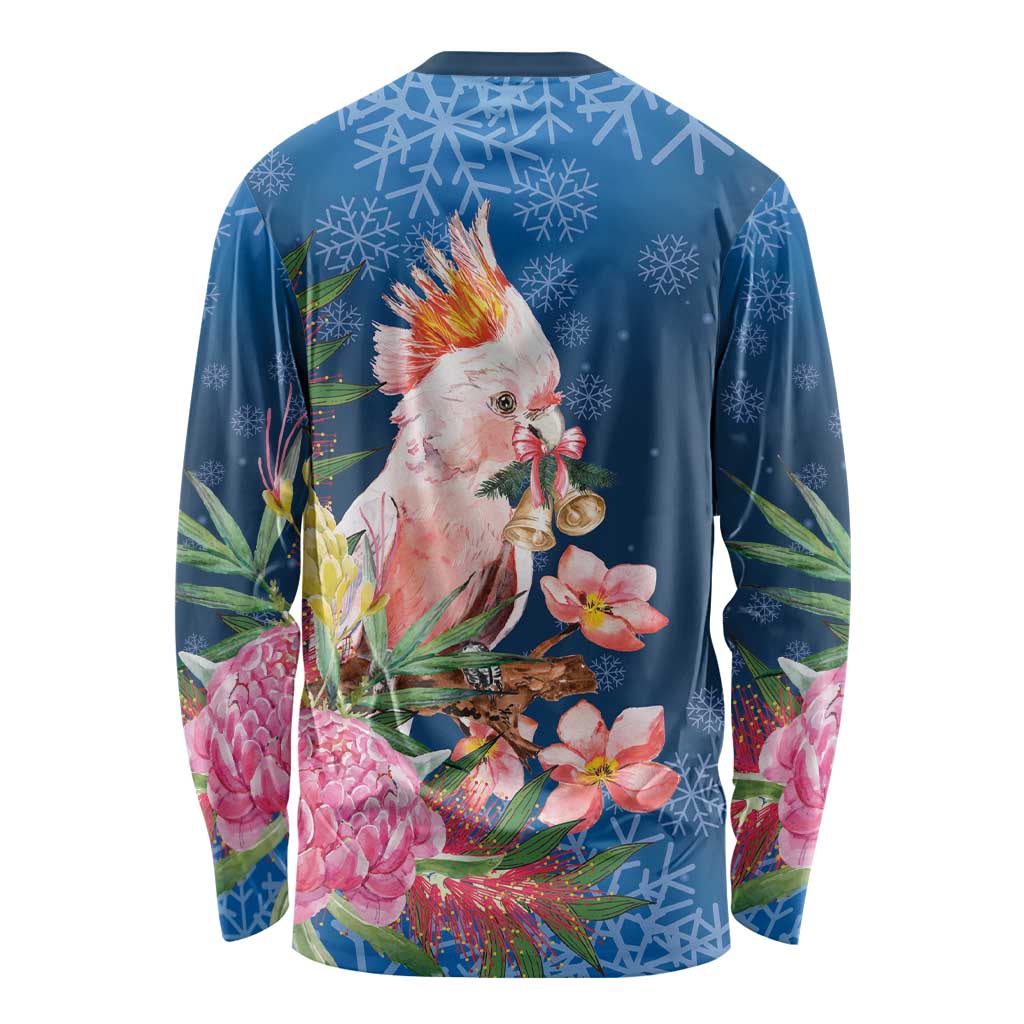 Australia Christmas Pink Cockatoo with Banksia Long Sleeve Shirt Snowy Blue - Aussie Hoodie