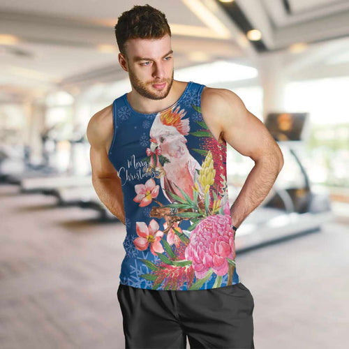 Australia Christmas Pink Cockatoo with Banksia Men Tank Top Snowy Blue - Aussie Hoodie