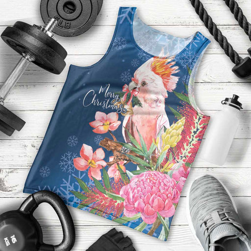 Australia Christmas Pink Cockatoo with Banksia Men Tank Top Snowy Blue - Aussie Hoodie