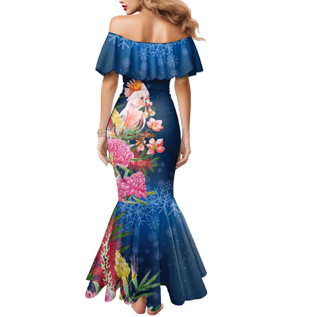 Australia Christmas Pink Cockatoo with Banksia Mermaid Dress Snowy Blue - Aussie Hoodie