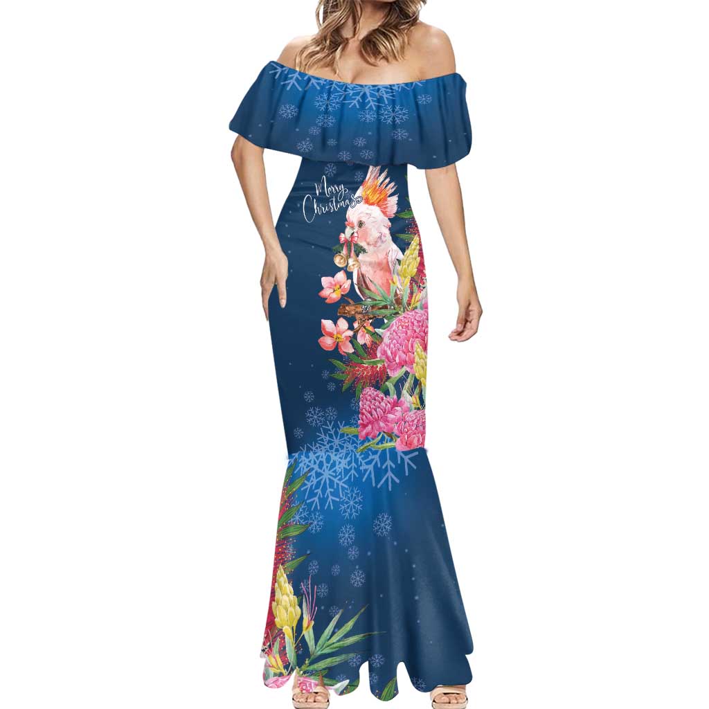 Australia Christmas Pink Cockatoo with Banksia Mermaid Dress Snowy Blue - Aussie Hoodie
