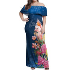 Australia Christmas Pink Cockatoo with Banksia Off Shoulder Maxi Dress Snowy Blue - Aussie Hoodie