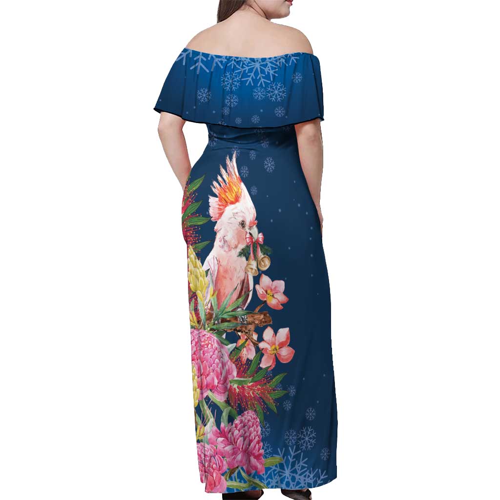 Australia Christmas Pink Cockatoo with Banksia Off Shoulder Maxi Dress Snowy Blue - Aussie Hoodie