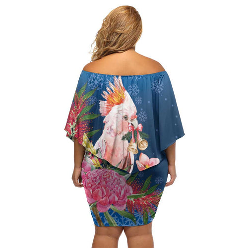Australia Christmas Pink Cockatoo with Banksia Off Shoulder Short Dress Snowy Blue - Aussie Hoodie