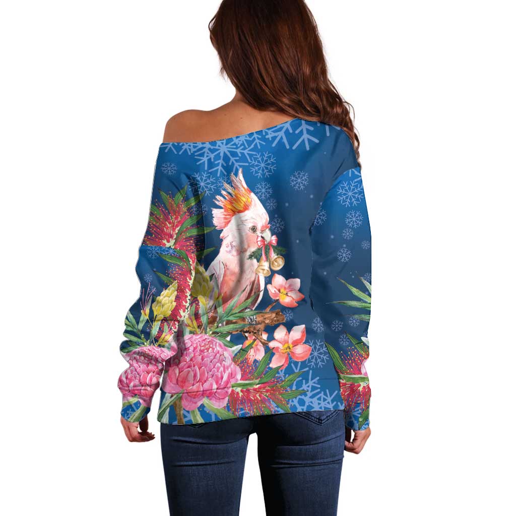 Australia Christmas Pink Cockatoo with Banksia Off Shoulder Sweater Snowy Blue - Aussie Hoodie