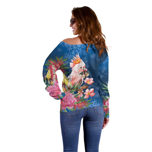 Australia Christmas Pink Cockatoo with Banksia Off Shoulder Sweater Snowy Blue - Aussie Hoodie