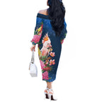 Australia Christmas Pink Cockatoo with Banksia Off The Shoulder Long Sleeve Dress Snowy Blue - Aussie Hoodie
