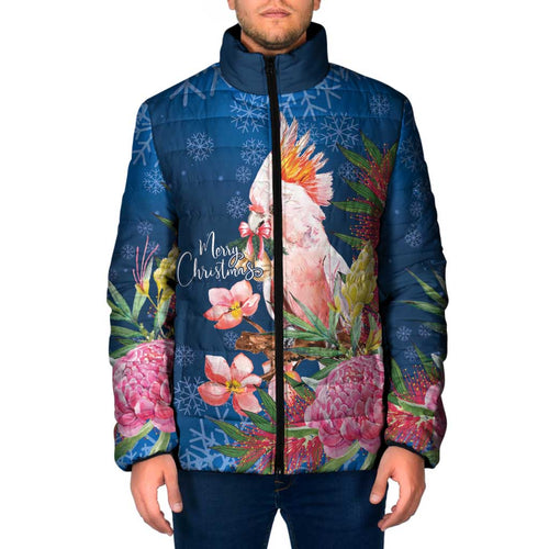 Australia Christmas Pink Cockatoo with Banksia Padded Jacket Snowy Blue - Aussie Hoodie