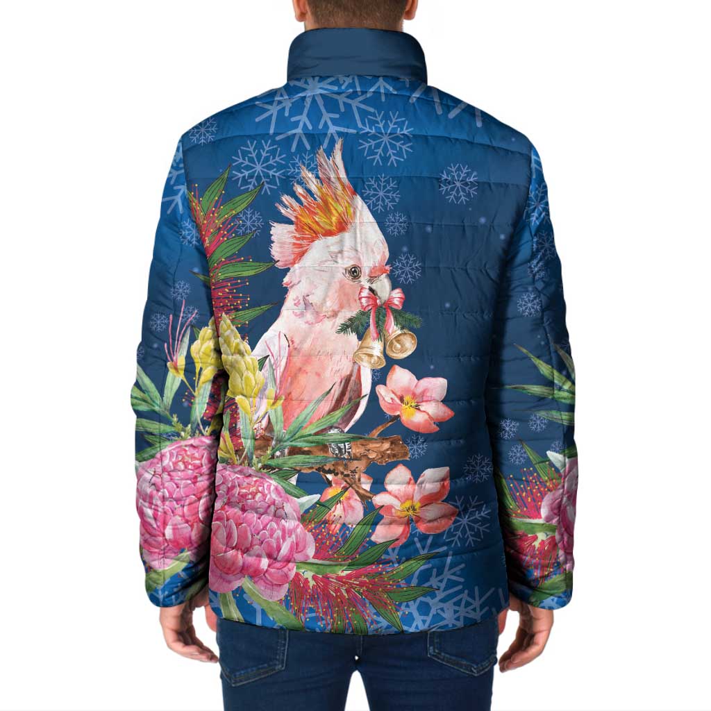 Australia Christmas Pink Cockatoo with Banksia Padded Jacket Snowy Blue - Aussie Hoodie