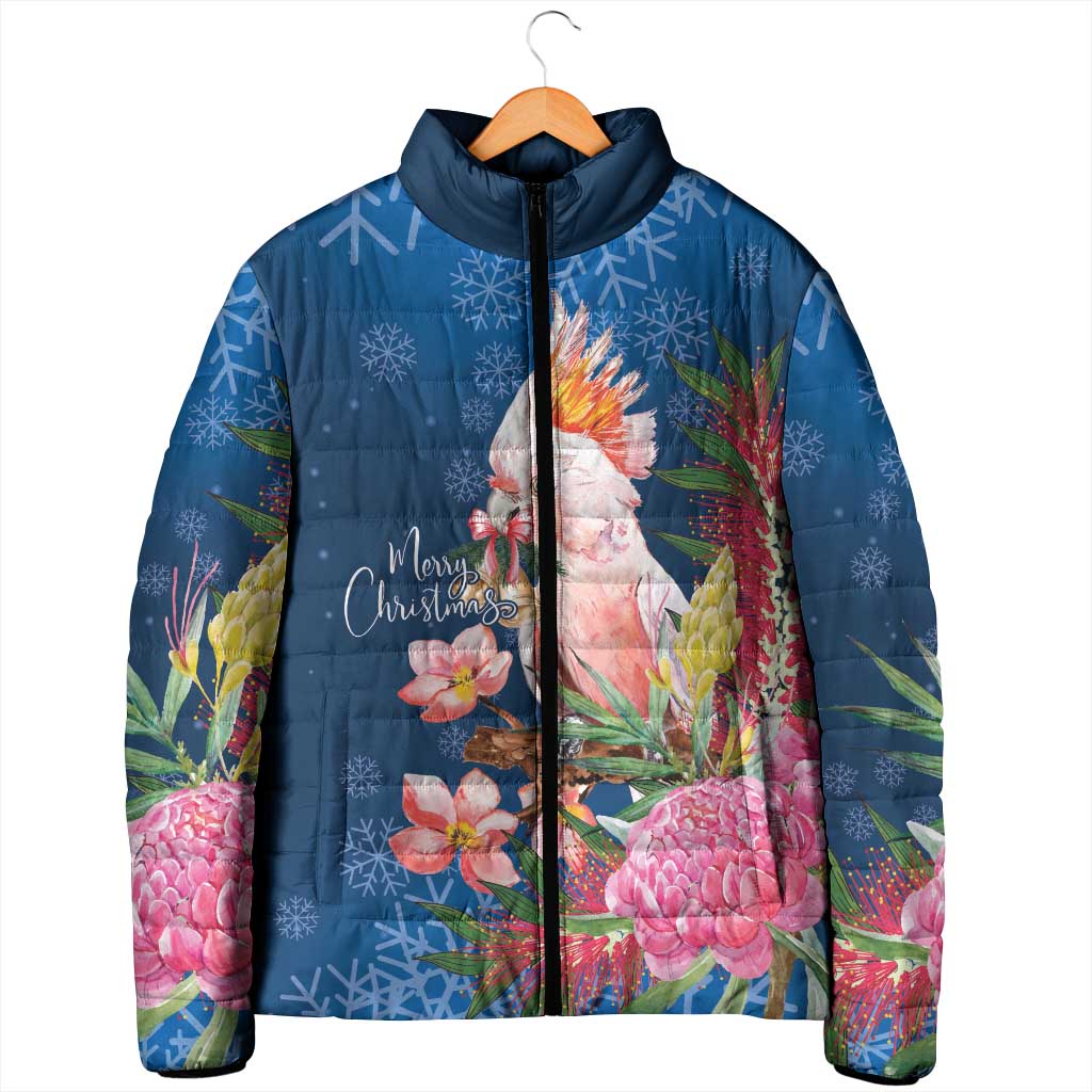 Australia Christmas Pink Cockatoo with Banksia Padded Jacket Snowy Blue - Aussie Hoodie
