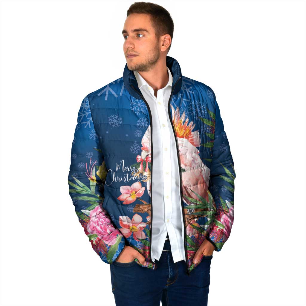 Australia Christmas Pink Cockatoo with Banksia Padded Jacket Snowy Blue - Aussie Hoodie