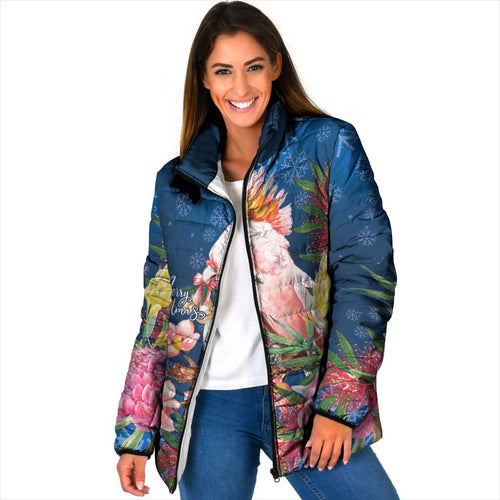 Australia Christmas Pink Cockatoo with Banksia Padded Jacket Snowy Blue - Aussie Hoodie