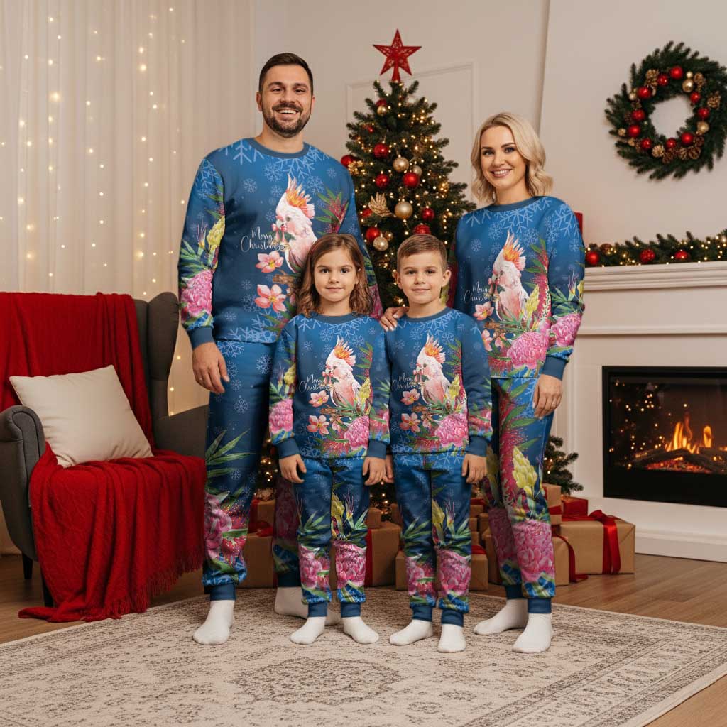 Australia Christmas Pink Cockatoo with Banksia Christmas Pajama Set Snowy Blue - Aussie Hoodie