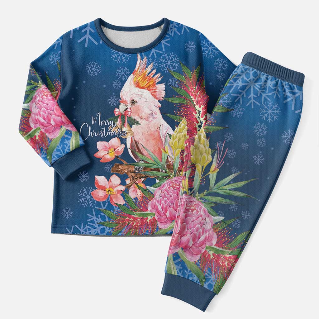 Australia Christmas Pink Cockatoo with Banksia Christmas Pajama Set Snowy Blue - Aussie Hoodie