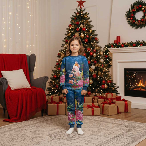 Australia Christmas Pink Cockatoo with Banksia Christmas Pajama Set Snowy Blue - Aussie Hoodie