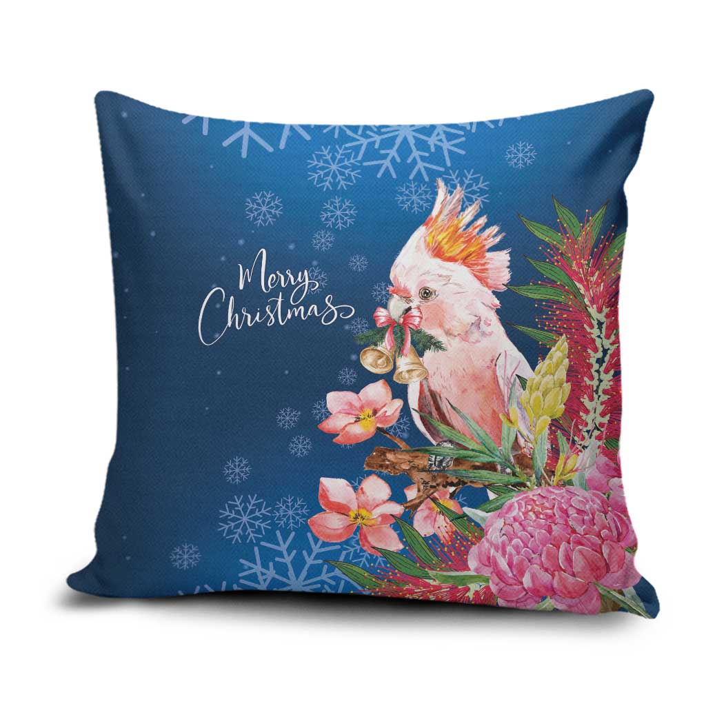 Australia Christmas Pink Cockatoo with Banksia Pillow Cover Snowy Blue - Aussie Hoodie