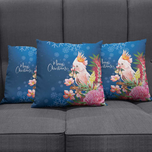 Australia Christmas Pink Cockatoo with Banksia Pillow Cover Snowy Blue - Aussie Hoodie