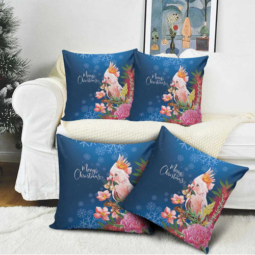 Australia Christmas Pink Cockatoo with Banksia Pillow Cover Snowy Blue - Aussie Hoodie