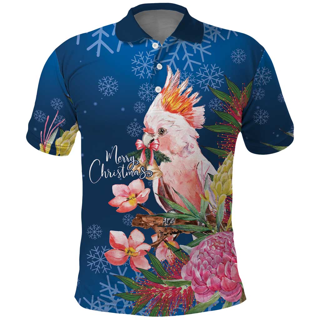 Australia Christmas Pink Cockatoo with Banksia Polo Shirt Snowy Blue - Aussie Hoodie