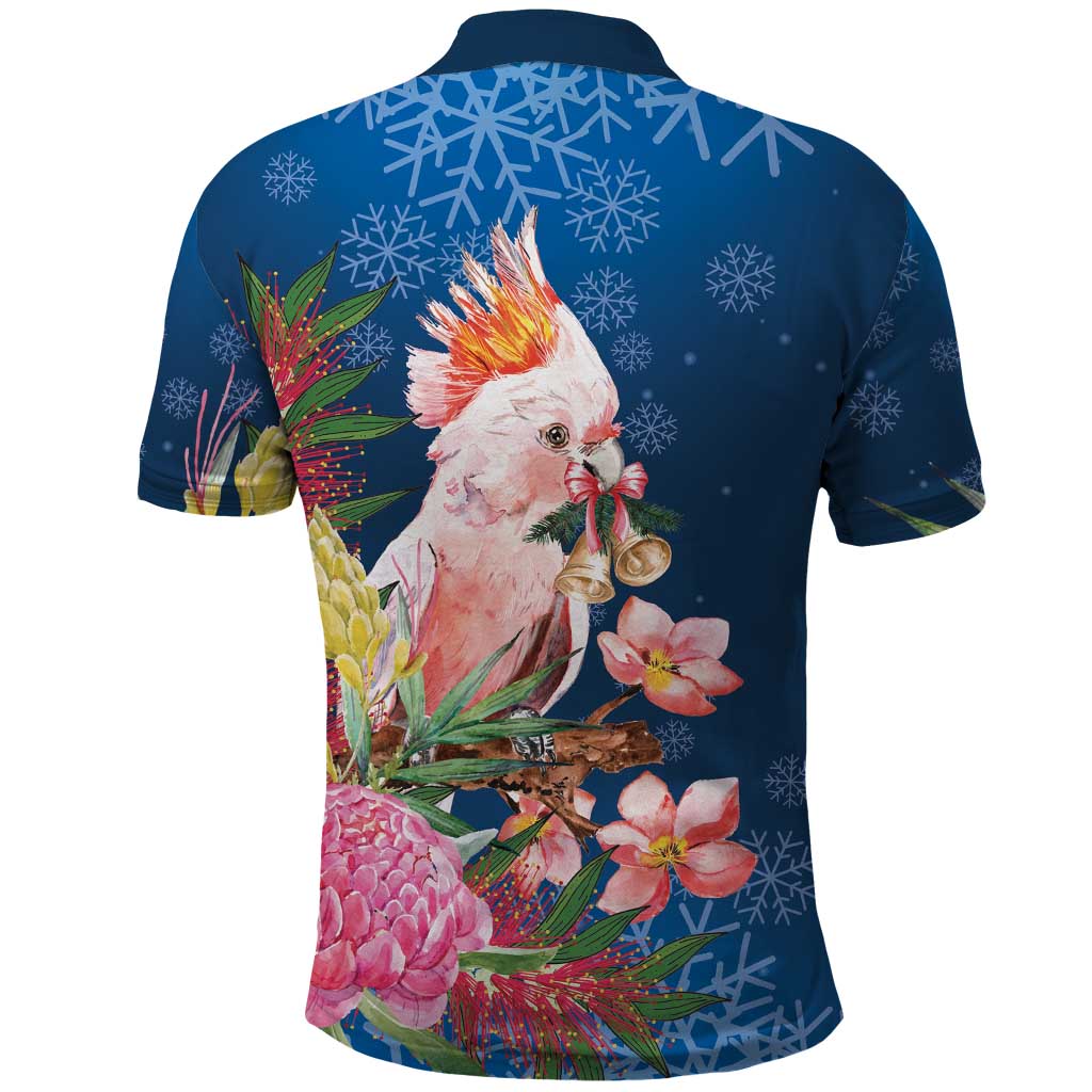 Australia Christmas Pink Cockatoo with Banksia Polo Shirt Snowy Blue - Aussie Hoodie