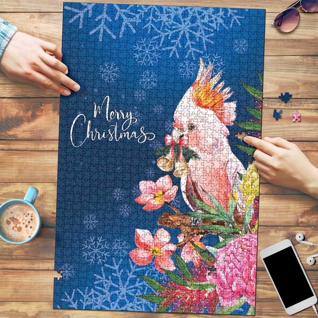 Australia Christmas Pink Cockatoo with Banksia Puzzle Snowy Blue - Aussie Hoodie