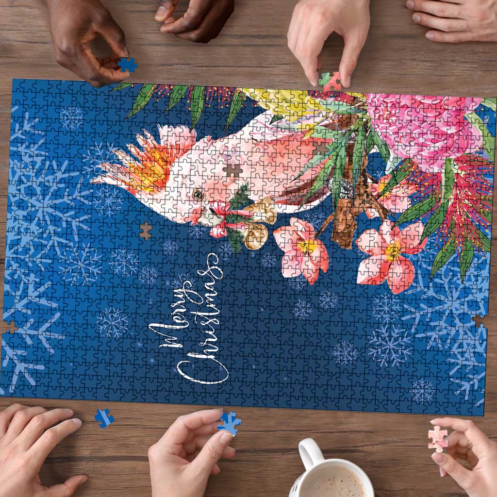 Australia Christmas Pink Cockatoo with Banksia Puzzle Snowy Blue - Aussie Hoodie