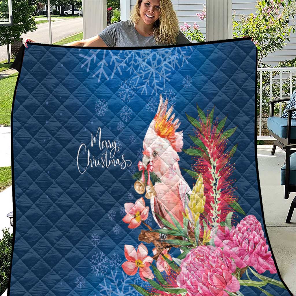Australia Christmas Pink Cockatoo with Banksia Quilt Snowy Blue - Aussie Hoodie