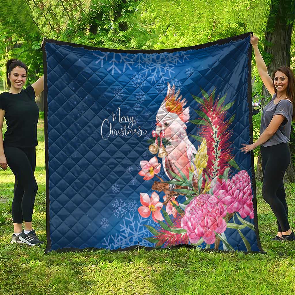 Australia Christmas Pink Cockatoo with Banksia Quilt Snowy Blue - Aussie Hoodie