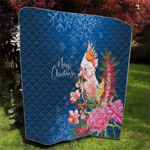 Australia Christmas Pink Cockatoo with Banksia Quilt Snowy Blue - Aussie Hoodie
