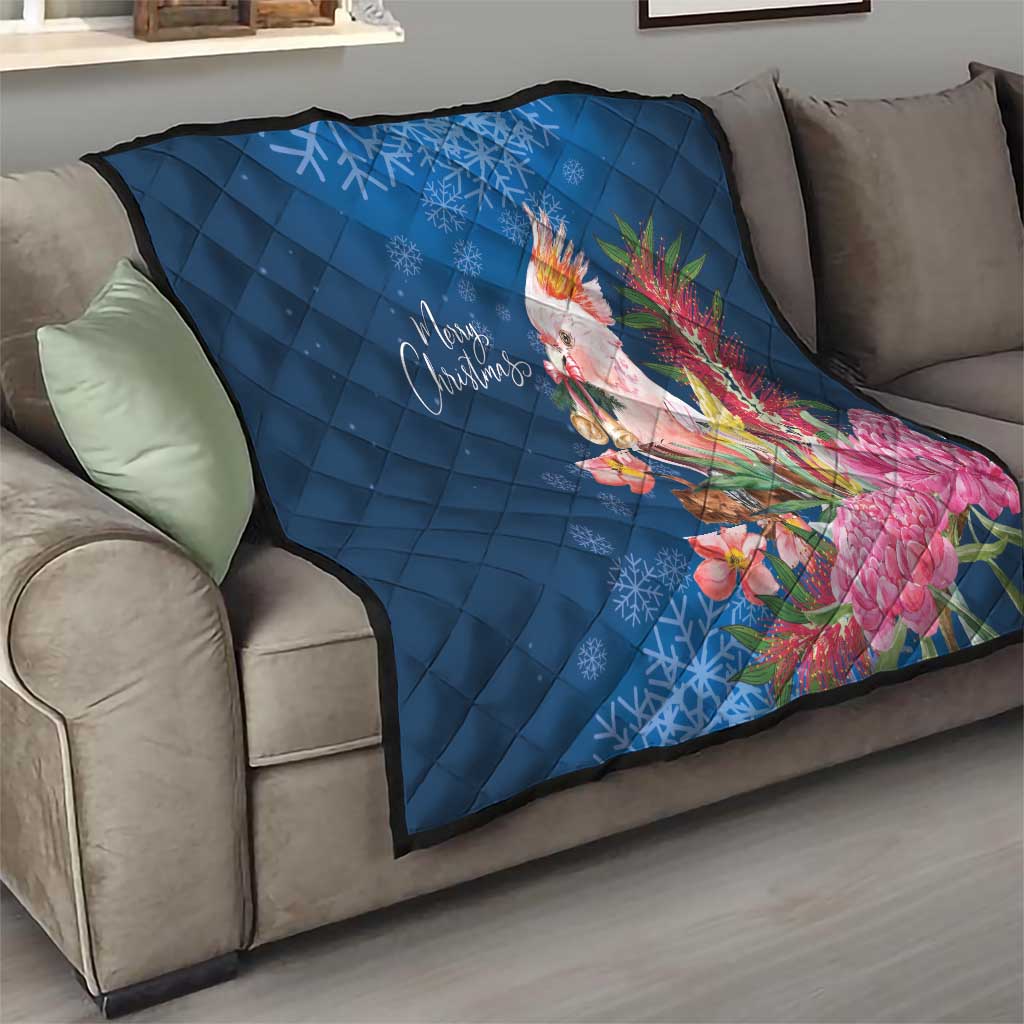 Australia Christmas Pink Cockatoo with Banksia Quilt Snowy Blue - Aussie Hoodie