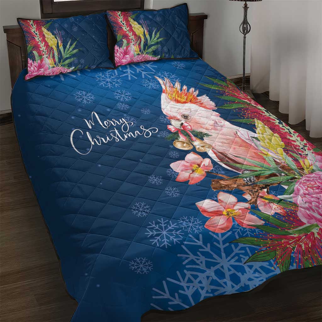 Australia Christmas Pink Cockatoo with Banksia Quilt Bed Set Snowy Blue - Aussie Hoodie