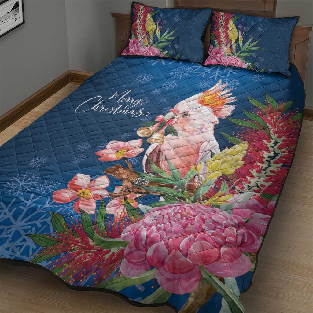 Australia Christmas Pink Cockatoo with Banksia Quilt Bed Set Snowy Blue - Aussie Hoodie