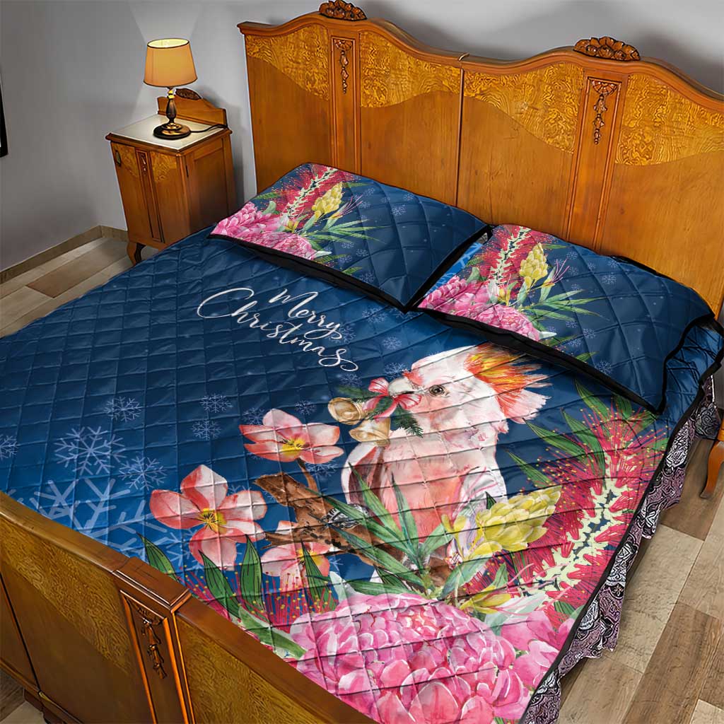 Australia Christmas Pink Cockatoo with Banksia Quilt Bed Set Snowy Blue - Aussie Hoodie