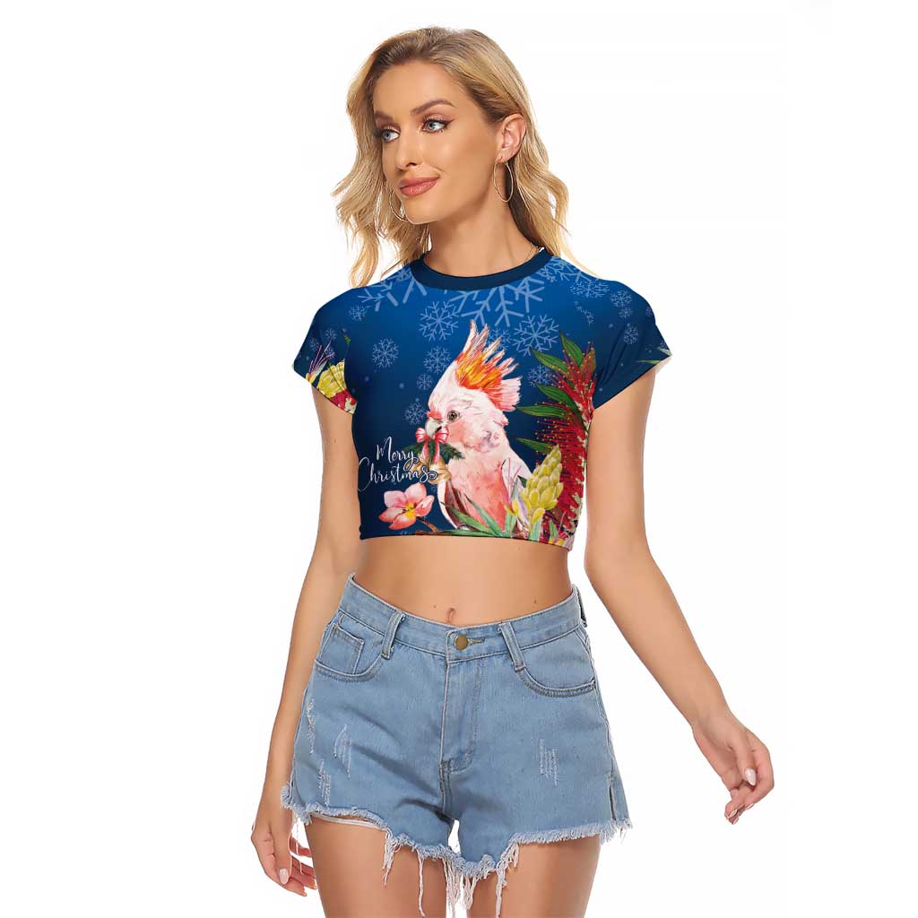 Australia Christmas Pink Cockatoo with Banksia Raglan Cropped T Shirt Snowy Blue - Aussie Hoodie