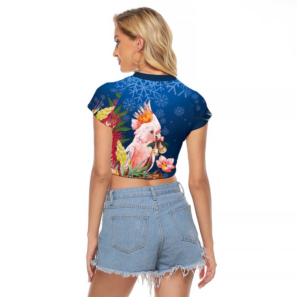 Australia Christmas Pink Cockatoo with Banksia Raglan Cropped T Shirt Snowy Blue - Aussie Hoodie