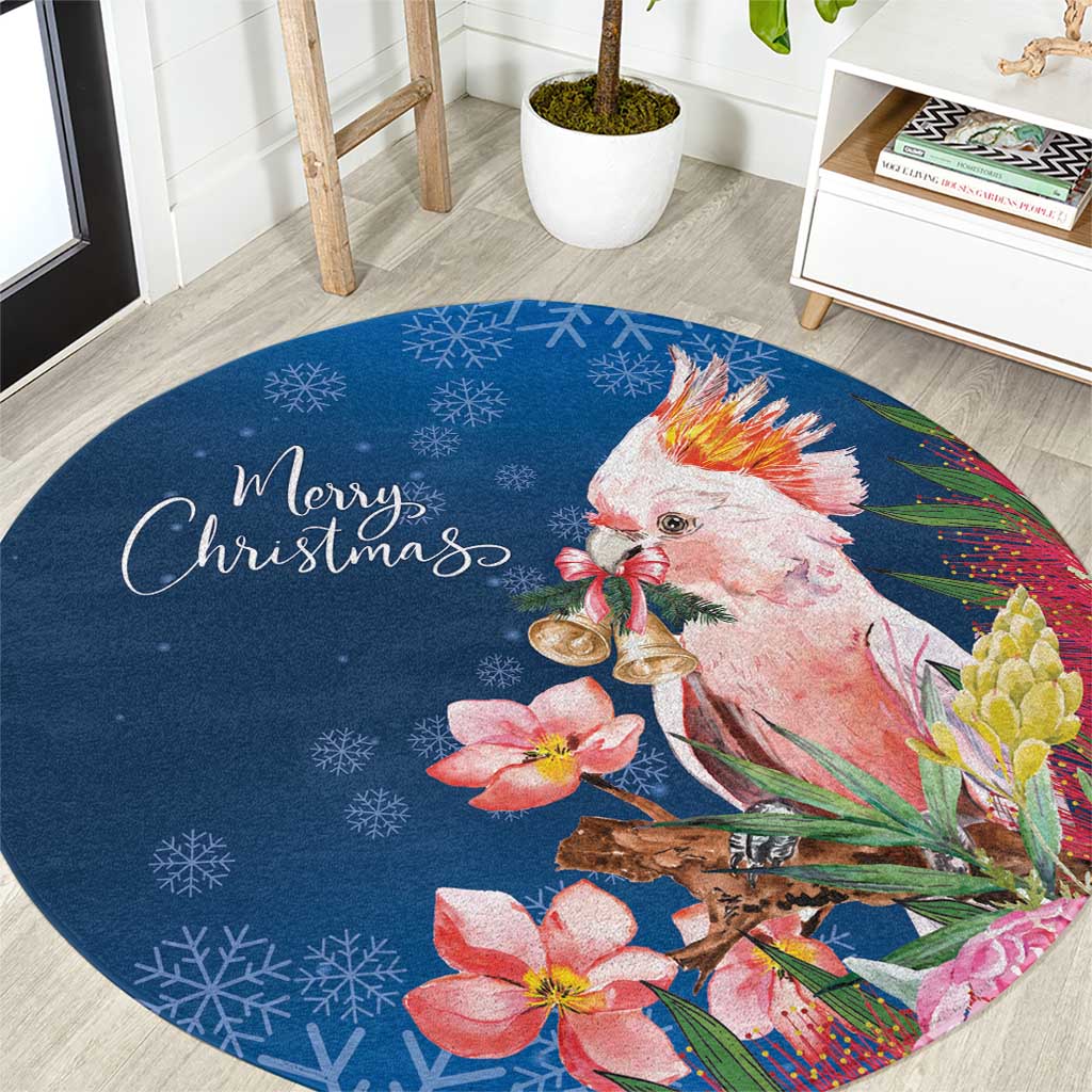 Australia Christmas Pink Cockatoo with Banksia Round Carpet Snowy Blue - Aussie Hoodie