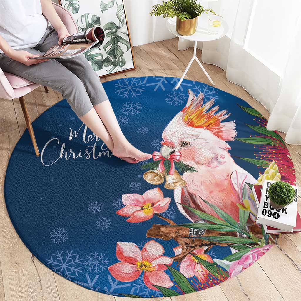 Australia Christmas Pink Cockatoo with Banksia Round Carpet Snowy Blue - Aussie Hoodie