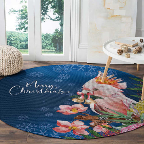 Australia Christmas Pink Cockatoo with Banksia Round Carpet Snowy Blue - Aussie Hoodie