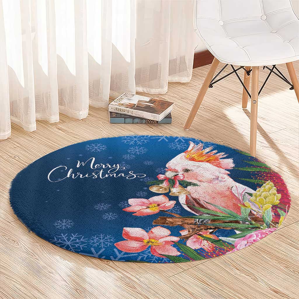 Australia Christmas Pink Cockatoo with Banksia Round Carpet Snowy Blue - Aussie Hoodie