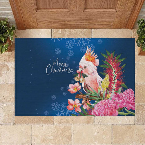 Australia Christmas Pink Cockatoo with Banksia Rubber Doormat Snowy Blue - Aussie Hoodie
