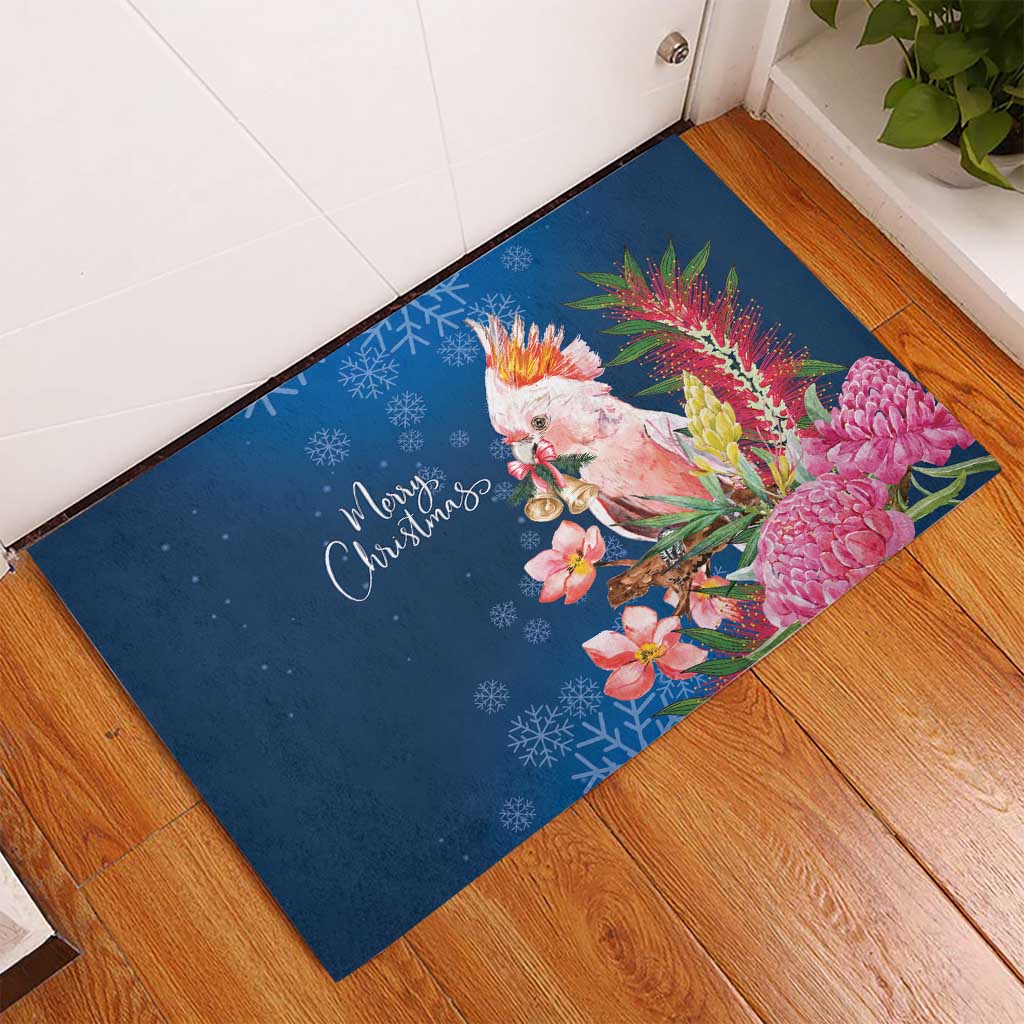 Australia Christmas Pink Cockatoo with Banksia Rubber Doormat Snowy Blue - Aussie Hoodie