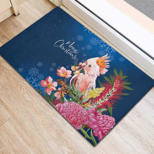 Australia Christmas Pink Cockatoo with Banksia Rubber Doormat Snowy Blue - Aussie Hoodie