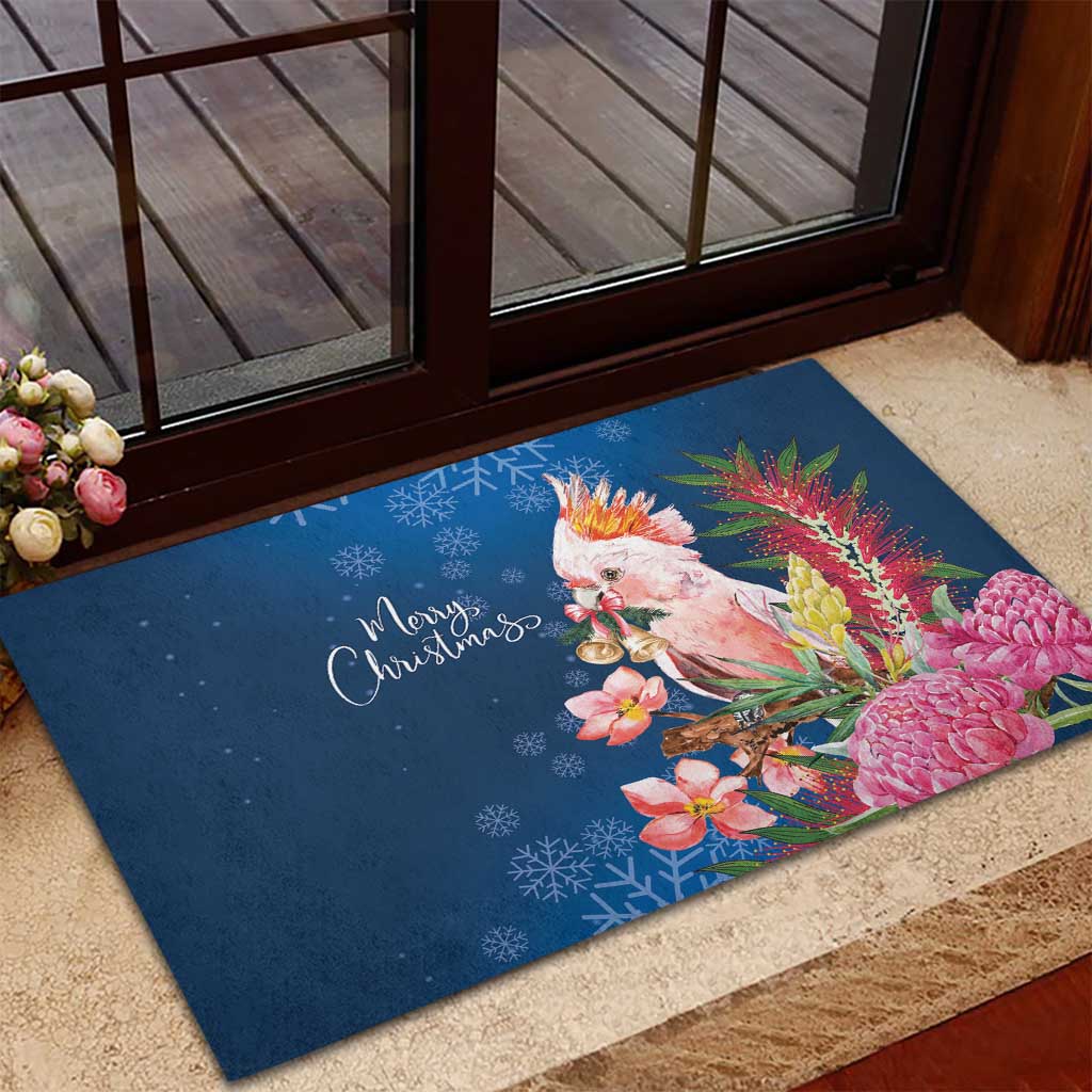 Australia Christmas Pink Cockatoo with Banksia Rubber Doormat Snowy Blue - Aussie Hoodie