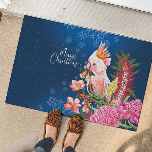 Australia Christmas Pink Cockatoo with Banksia Rubber Doormat Snowy Blue - Aussie Hoodie