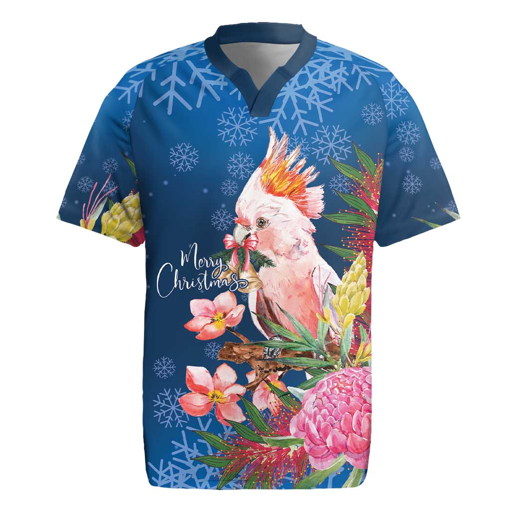 Australia Christmas Pink Cockatoo with Banksia Rugby Jersey Snowy Blue - Aussie Hoodie