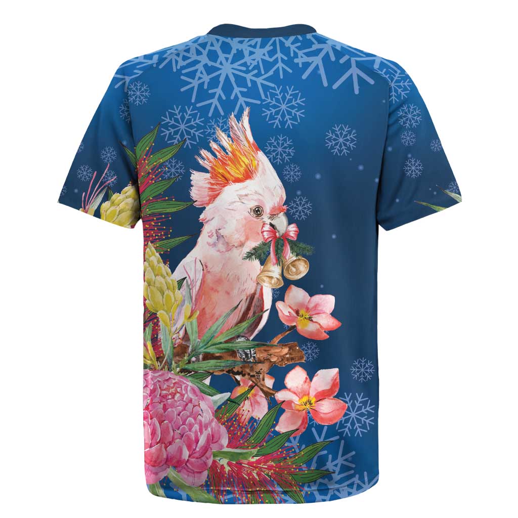 Australia Christmas Pink Cockatoo with Banksia Rugby Jersey Snowy Blue - Aussie Hoodie