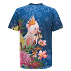 Australia Christmas Pink Cockatoo with Banksia Rugby Jersey Snowy Blue - Aussie Hoodie