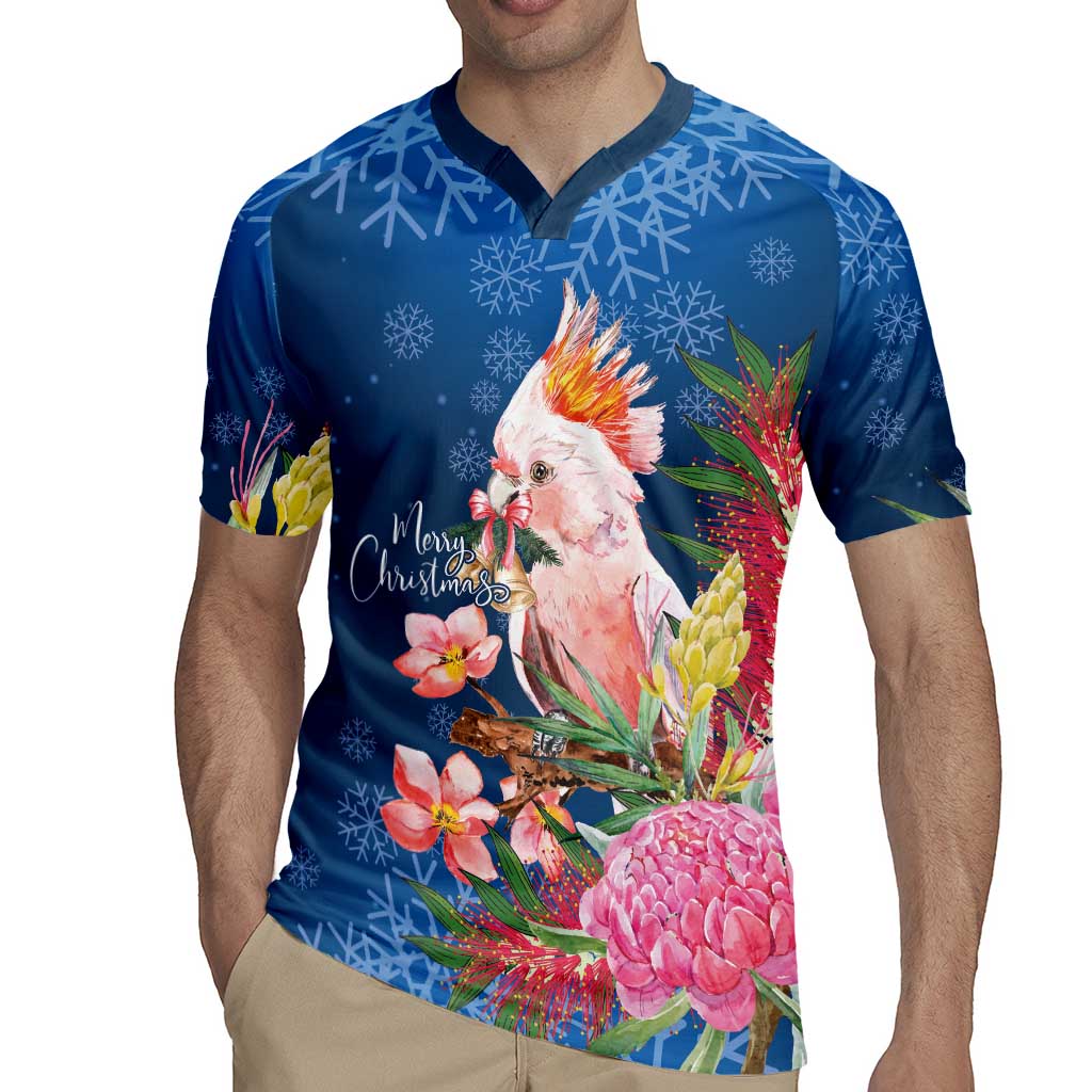 Australia Christmas Pink Cockatoo with Banksia Rugby Jersey Snowy Blue - Aussie Hoodie