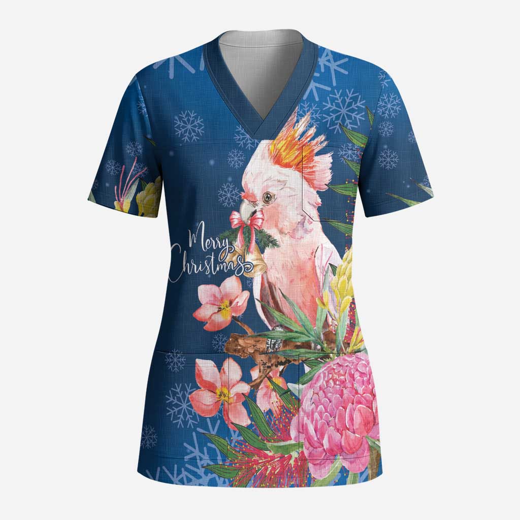 Australia Christmas Pink Cockatoo with Banksia Scrub Top Snowy Blue - Aussie Hoodie